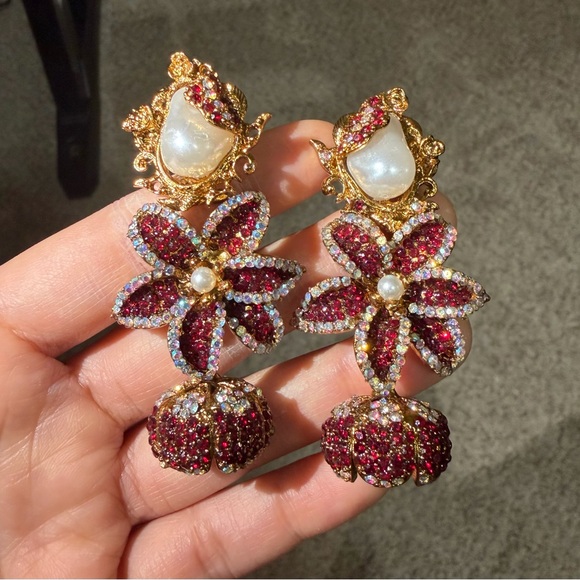 Jewelry - Turkish Elegant Gold and Red Floral Drop pearl Earrings